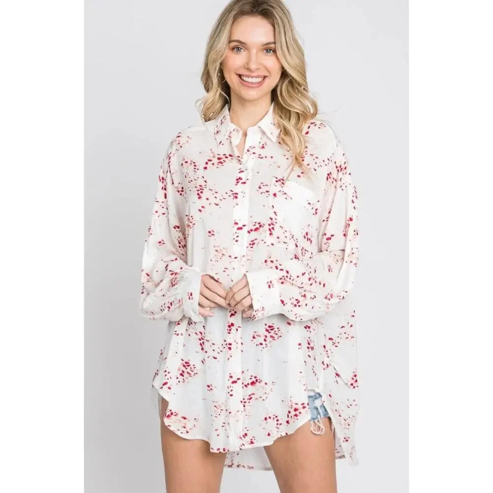 Ivory Print Button Down Blouse Oversized Flowy Top Size Large - Picture 2 of 5